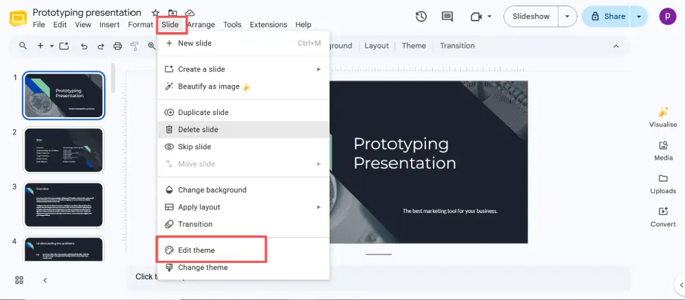 Click Slide → Edit theme (this opens the master slide editor).