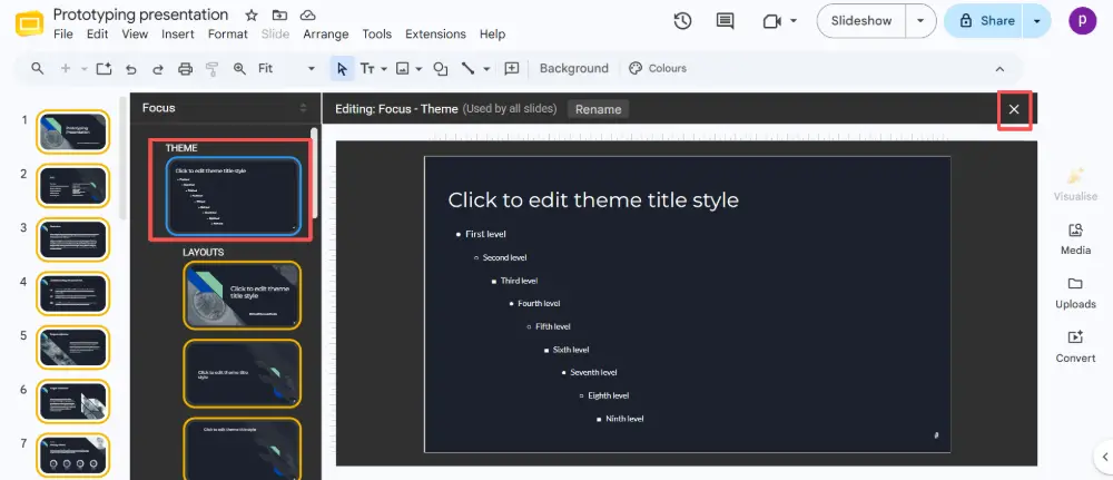 Click the master slide to make changes that apply to every layout (background color, logo, footer). When done, click the X in the top right (or Slide → Edit theme again) to close the editor.