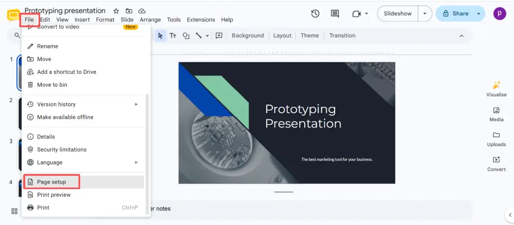 Click File → Page setup.