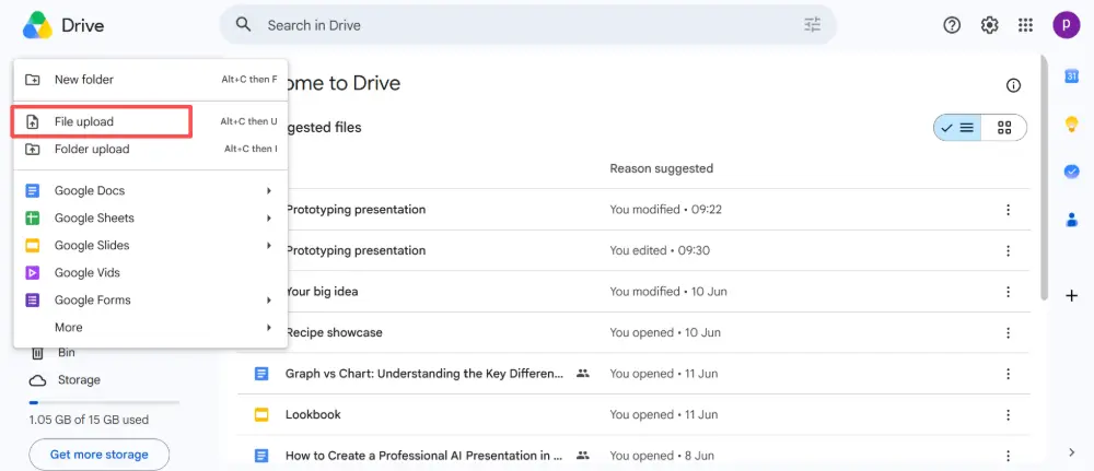 Drag the .pptx file into Google Drive (or click New → File upload).