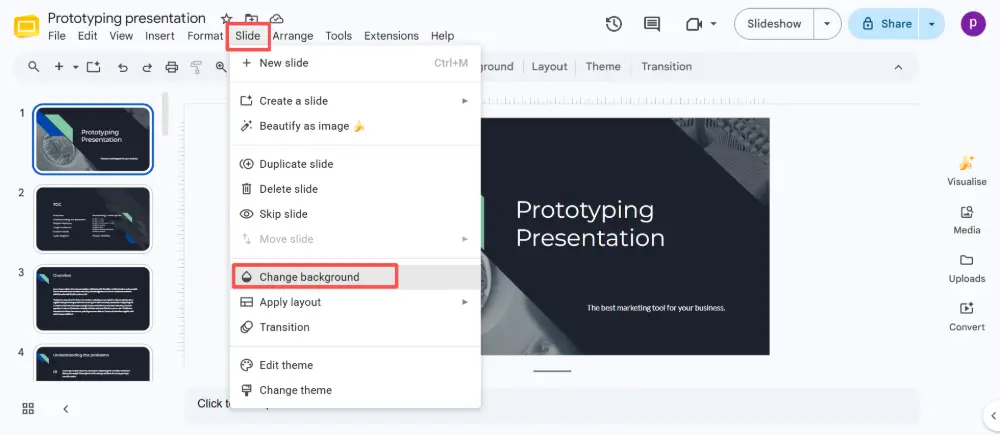 For each image: go to Slide → Change background → Choose image → upload the page image.
