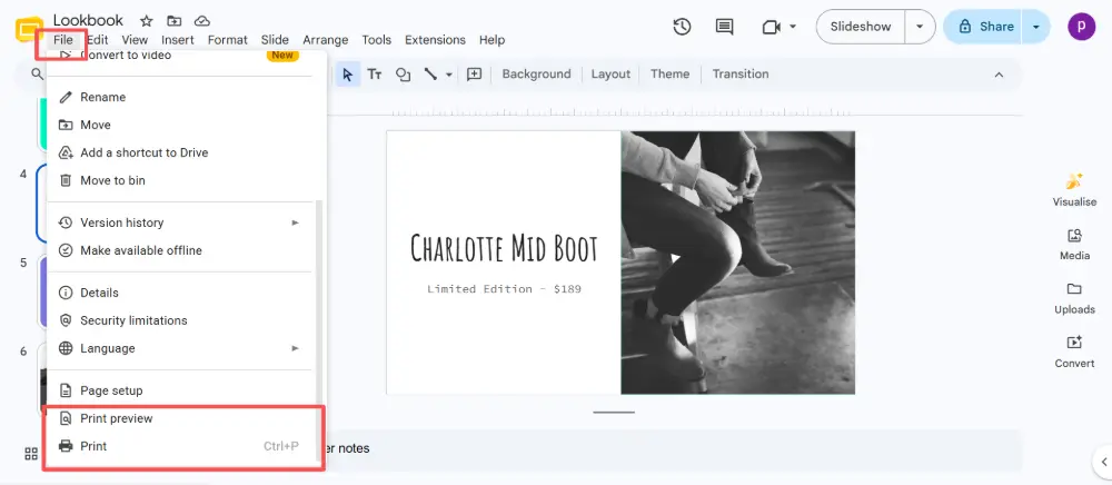Click File → Print settings and preview.
