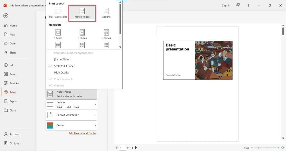 Select "Notes Pages". Each page shows the slide on top and the speaker notes below.