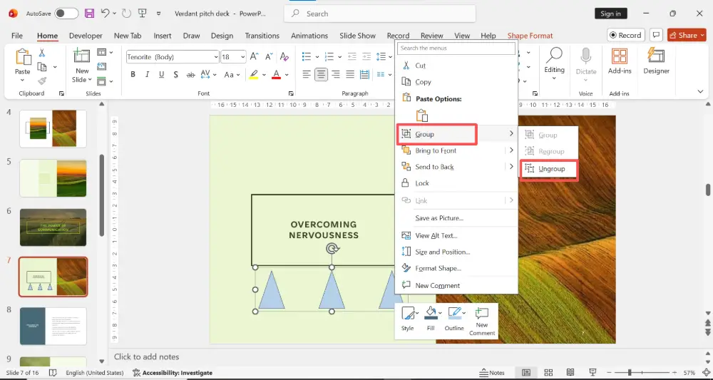 Click on the grouped object to select the entire group. Right-click → Group → Ungroup.