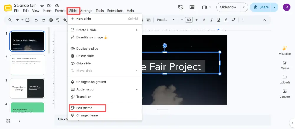 Go to Slide → Edit theme.