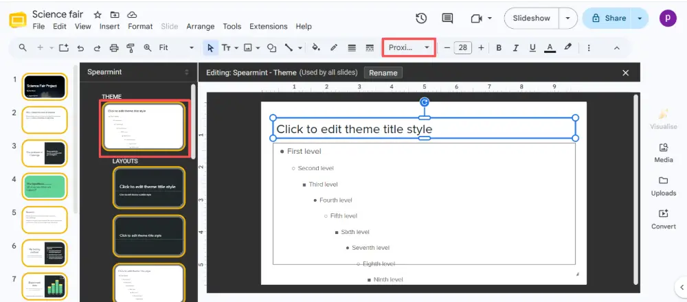 Click the master slide (top, largest). Change the colors of titles, body text, backgrounds, and accents to your preferred palette.