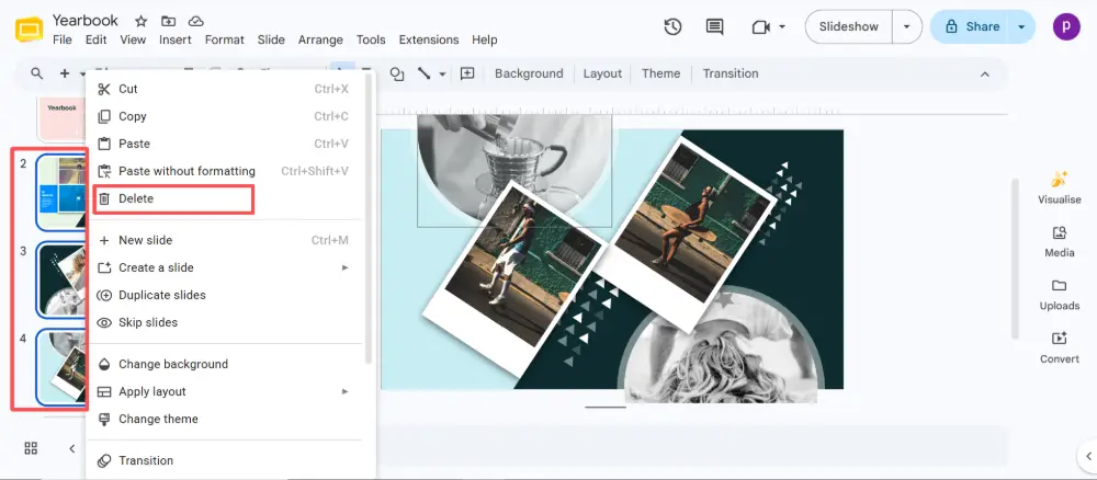 To delete multiple slides: select them first (see below), then press Delete or right-click → Delete slide.