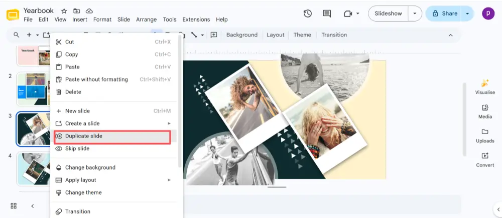 You can also right-click → Duplicate slide.
