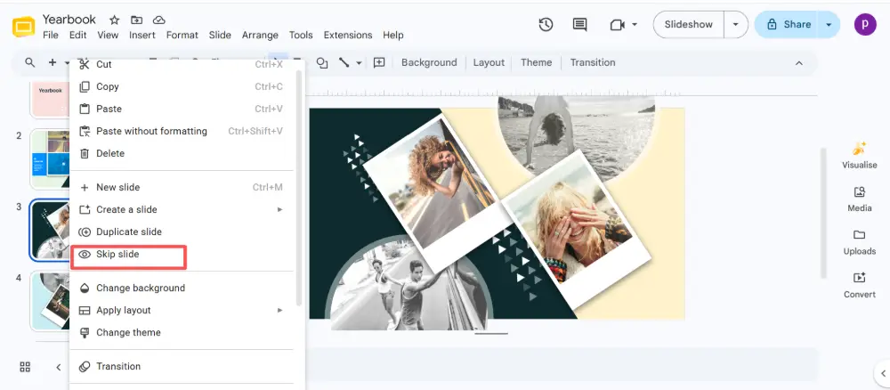 Right-click the slide in the sidebar. Click Skip slide.