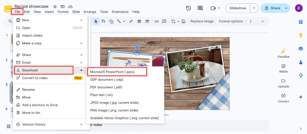 In Google Slides, click File → Download → Microsoft PowerPoint (.pptx).