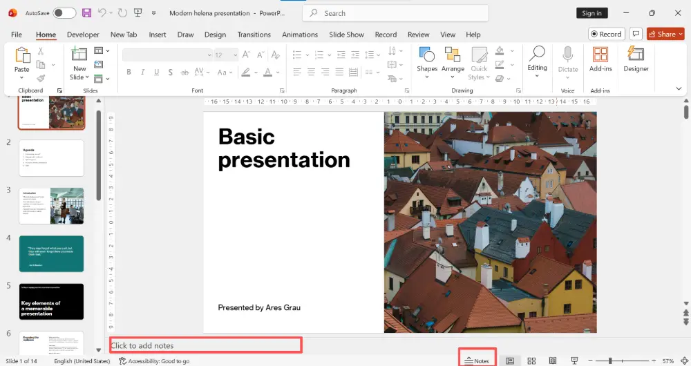 At the bottom of the slide editing area, you'll see a narrow bar that says "Click to add notes" . Click it. The Notes pane opens below the slide. Click inside and type your notes.