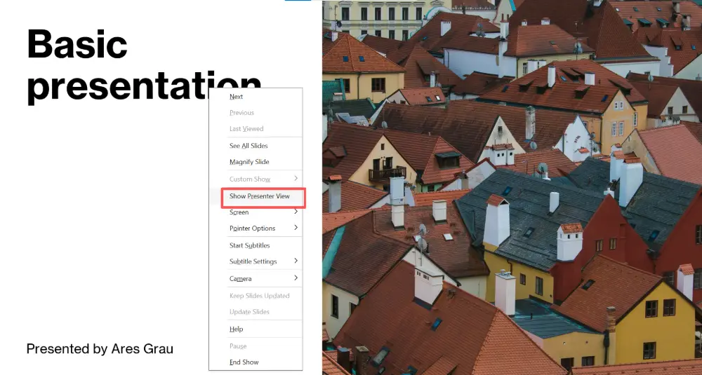 If Presenter View doesn't activate automatically, right-click during the slideshow → Show Presenter View.