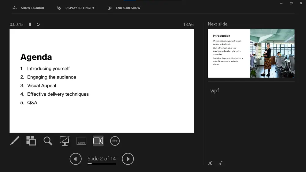 the audience sees the slide full-screen, while your laptop shows the current slide, your notes, the next slide, and a timer.