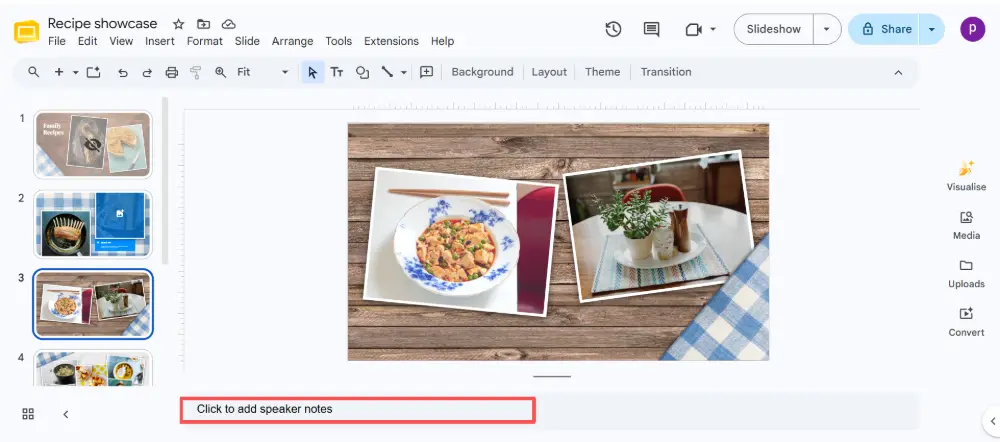 A text area appears below the slide. Click inside and type your notes.