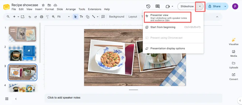Click the dropdown arrow next to the Slideshow button (top right). Select Presenter view.