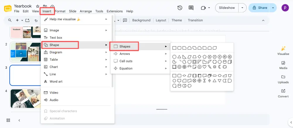 Click Insert → Shape → Shapes → select Rectangle.