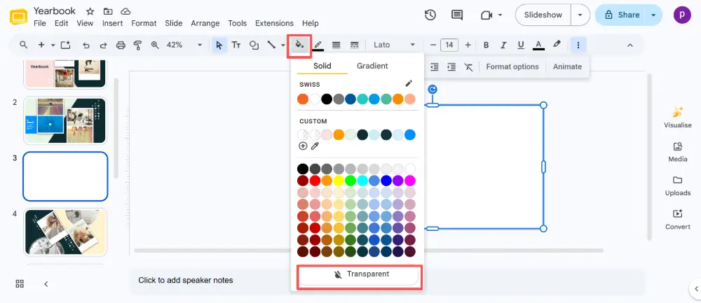 With the rectangle selected, set the Fill color to Transparent (click the paint bucket icon → Transparent).