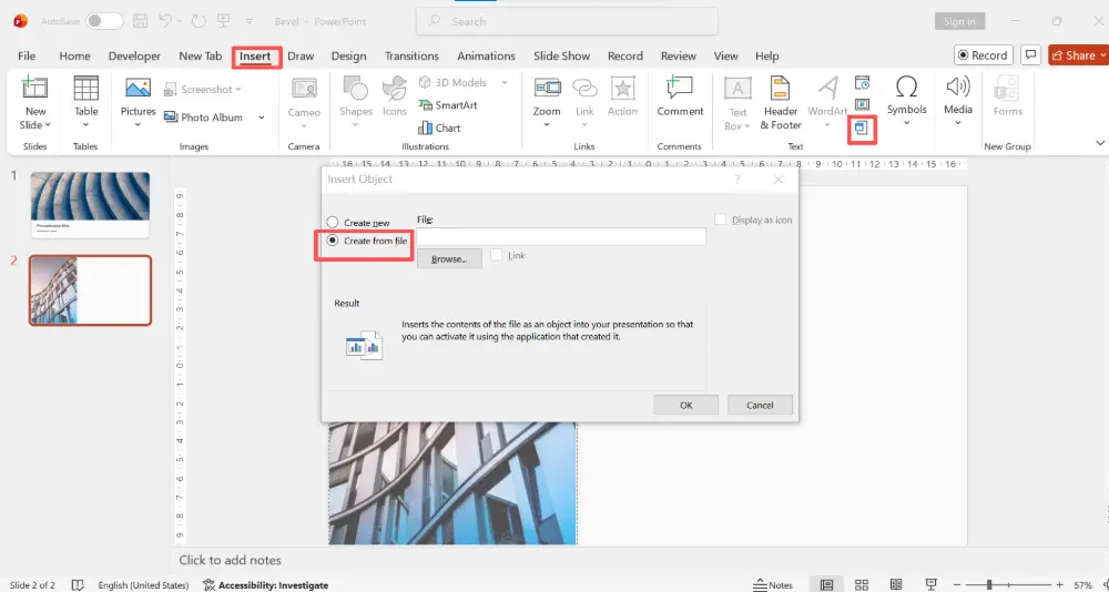 Click Insert → Object. Select "Create from file". Click Browse and select your PDF file.