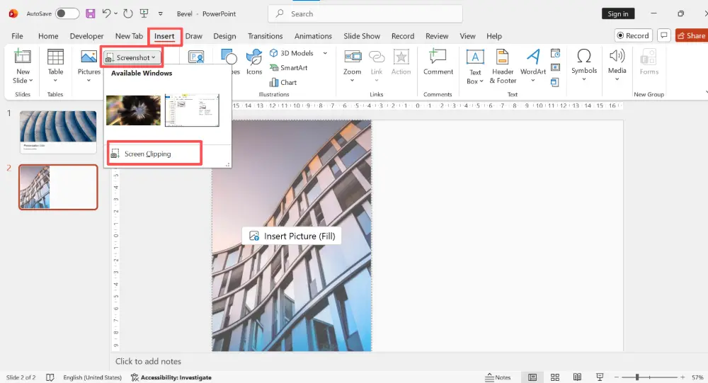 In PowerPoint, click Insert → Screenshot → Screen Clipping.