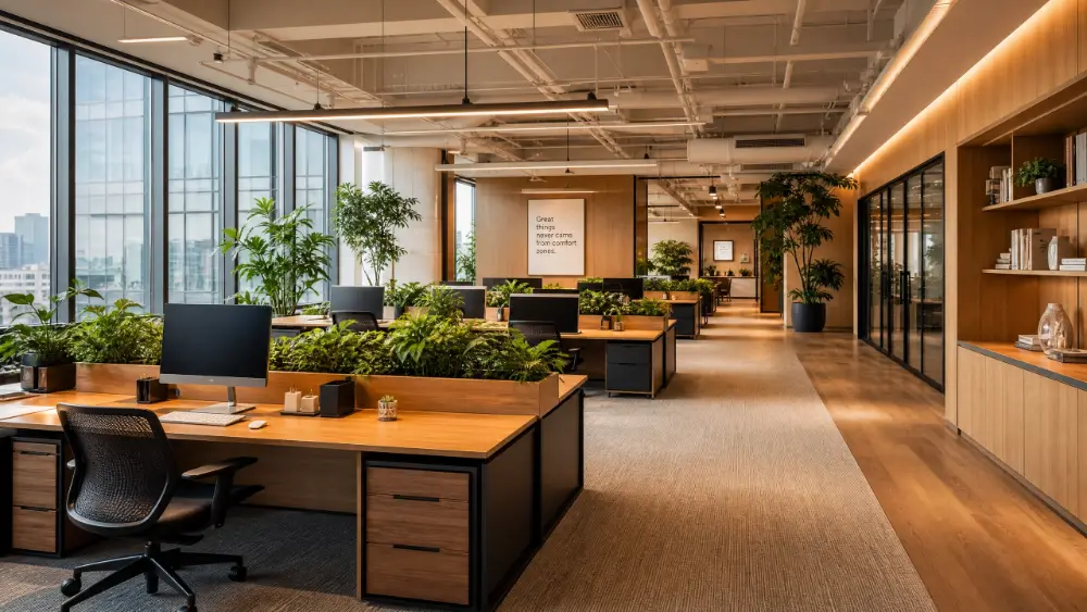 A modern open-plan office with natural light, plants on desks, warm tones, architectural photography style, wide angle