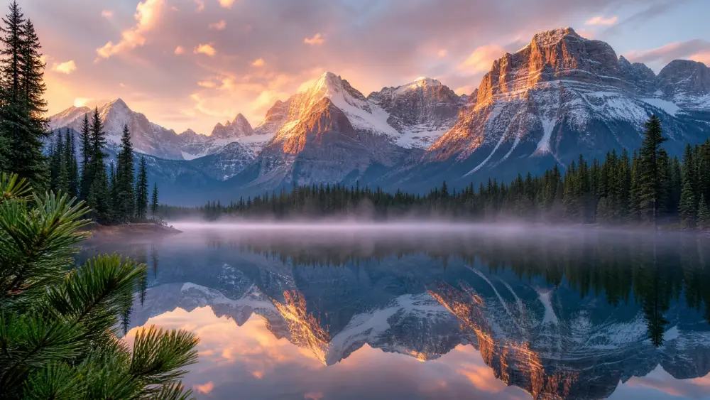 A misty mountain lake at sunrise, pine trees reflected in still water, landscape photography, golden hour light