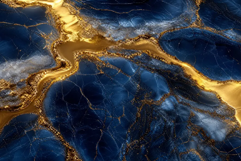 Flowing liquid gold and deep navy blue, abstract marble texture, luxurious feel, ultra high resolution