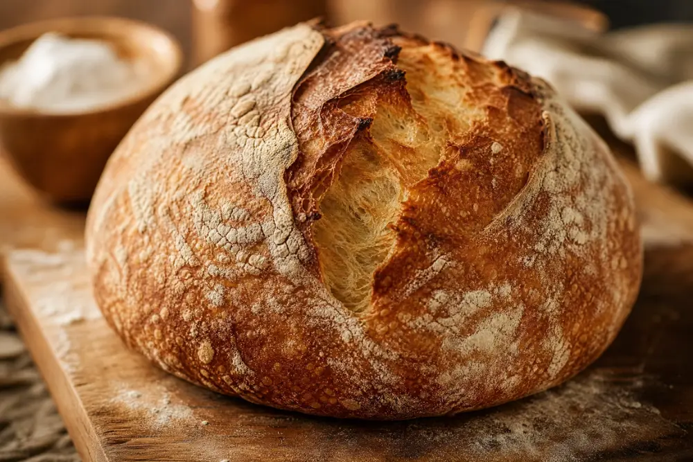 A rustic sourdough loaf on a wooden cutting board, flour dusted, warm bakery lighting, food photography