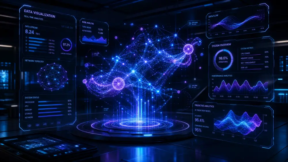 A holographic data visualization floating in mid-air, blue and purple glow, dark background, futuristic UI