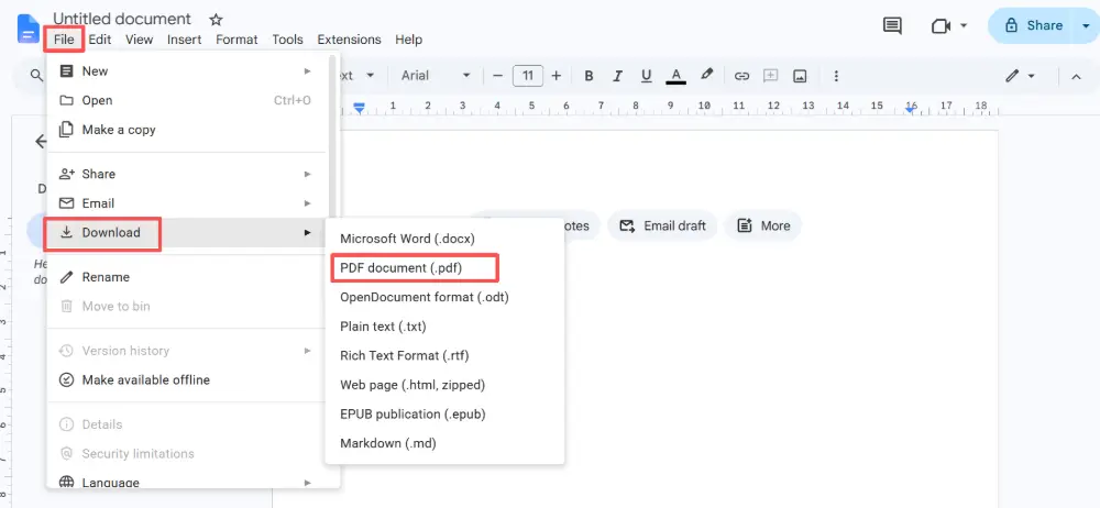 Click File → Download → PDF Document (.pdf).