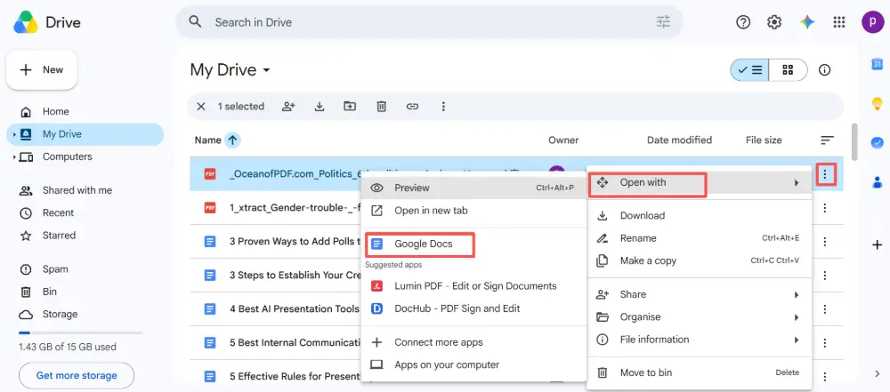 Upload the PDF to Google Drive. Right-click the file → Open with → Google Docs.