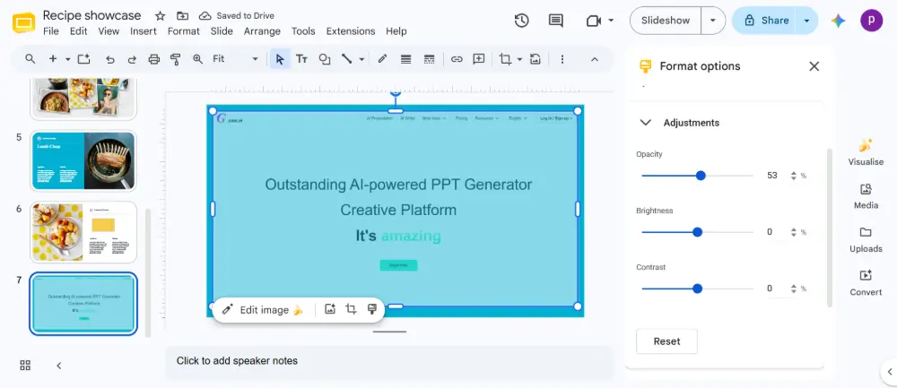 With the image selected, open Format Options → Adjustments → drag the Transparency slider to 40–60%.