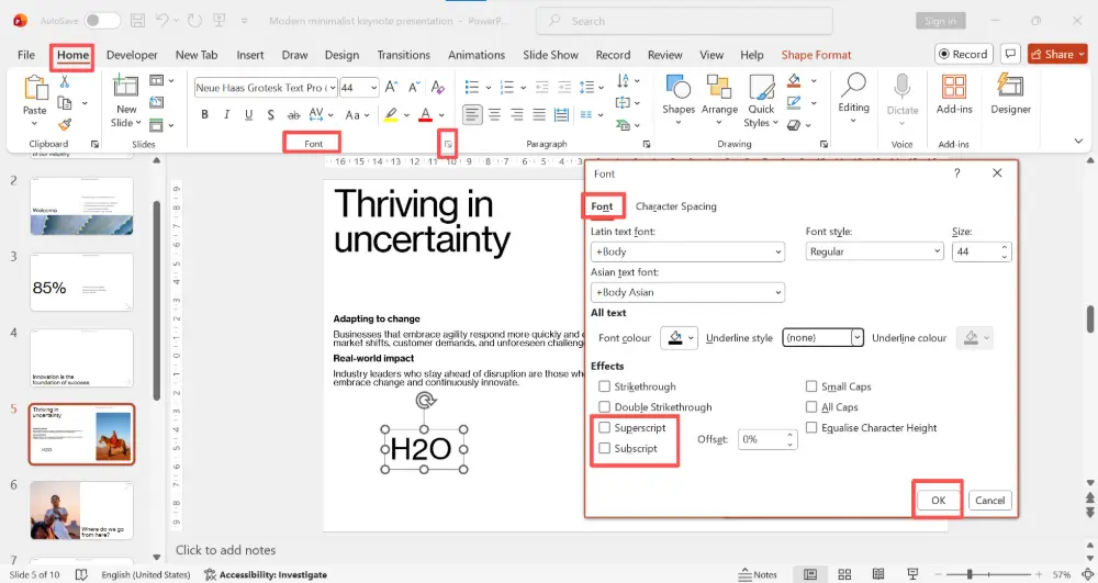 Superscript & Subscript in PowerPoint