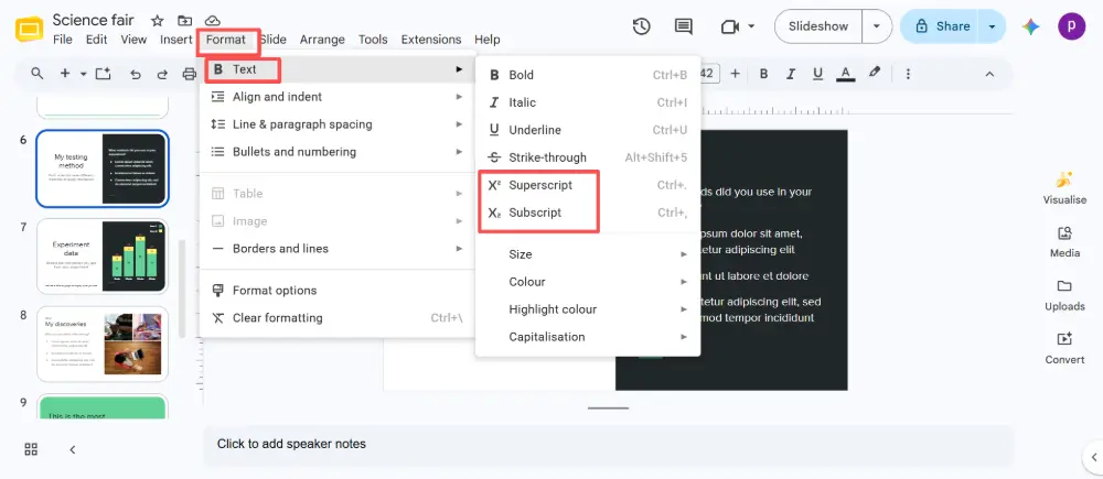 Superscript & Subscript in Google Slides