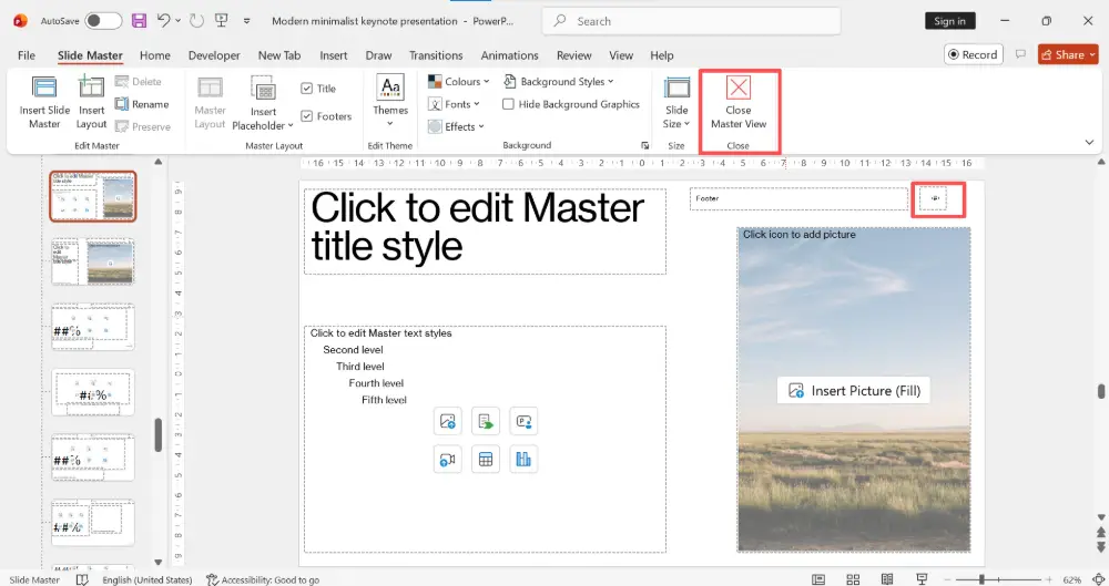 Find the <#> placeholder — this is the slide number field.
