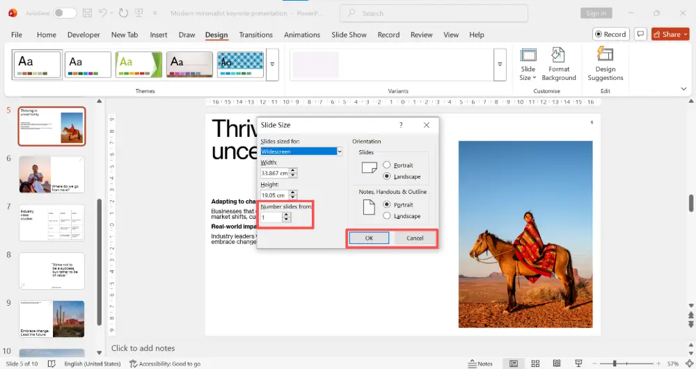 At the bottom, change "Number slides from" to your desired starting number (e.g., 0 to make the title slide "0" and the first content slide "1"). Click OK.