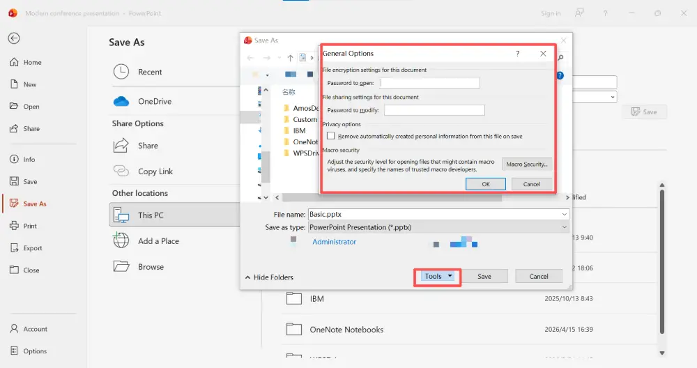 Click Tools (next to the Save button) → General Options. In the "Password to modify" field, enter a password. Click OK → confirm the password → Save.