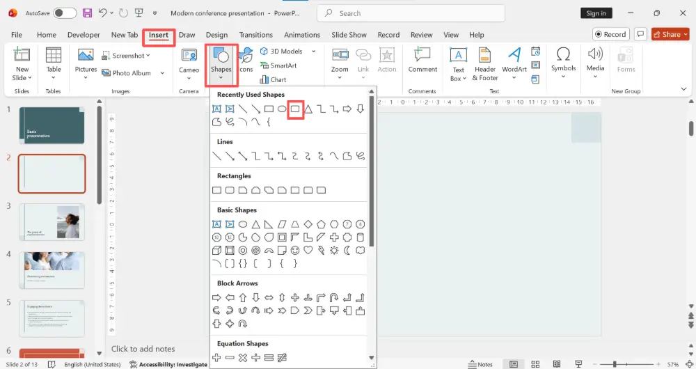 Insert a Rounded Rectangle shape: Insert → Shapes → Rounded Rectangle.