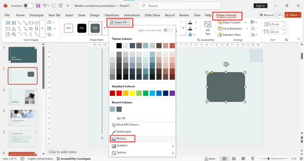 Right-click the shape → Format Shape. Under Fill, select Picture or texture fill → Insert → choose your image.