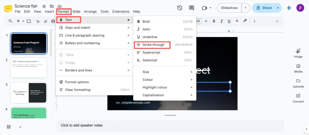 Strikethrough in Google Slides