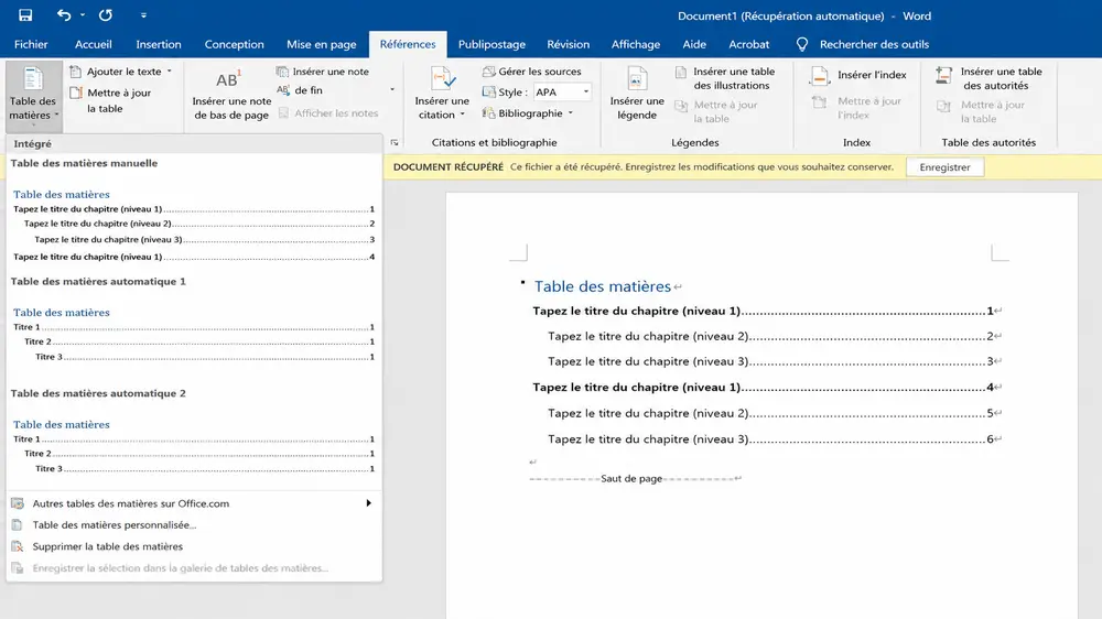 insérer une table des matières dans Word