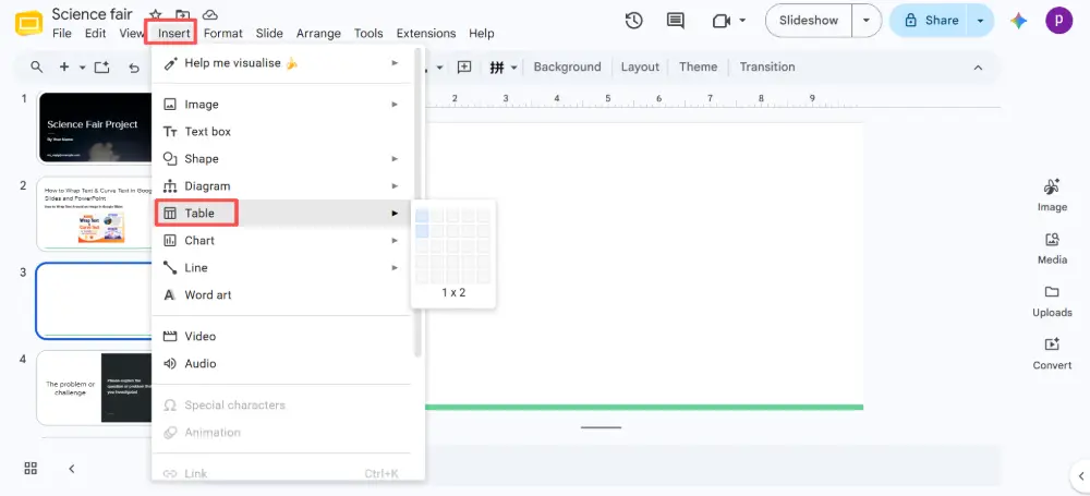 Insert a table with 2 columns (Insert → Table → 1×2).