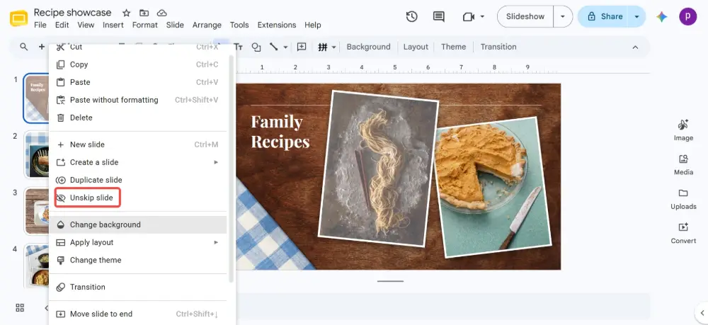 Right-click the skipped slide (the one with the crossed-out eye). Click Unskip slide.