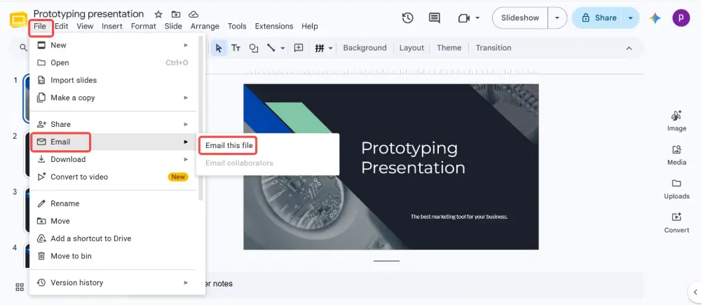 In Google Slides, click File → Email as attachment.
