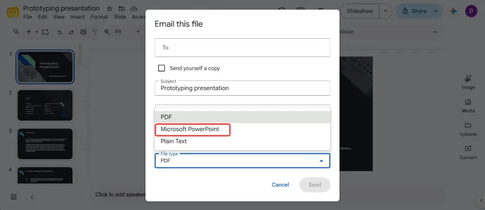 In the "Attach as" dropdown, select Microsoft PowerPoint. Enter the recipient's email and send. The recipient gets the .pptx file attached to the email.