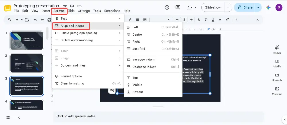 Click Format (in the menu bar) → Align & indent → Indentation options.