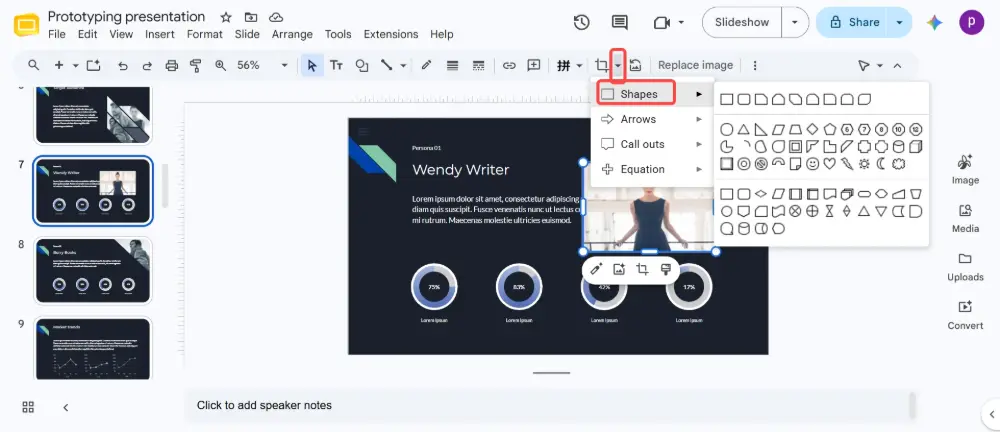 In the toolbar, find the Crop icon. Click the small dropdown arrow next to it (not the icon itself). Hover over Shapes → select Oval (circle).