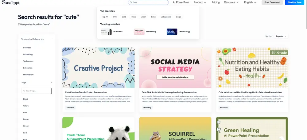 Step 1: searching the cute style in the Smallppt template library