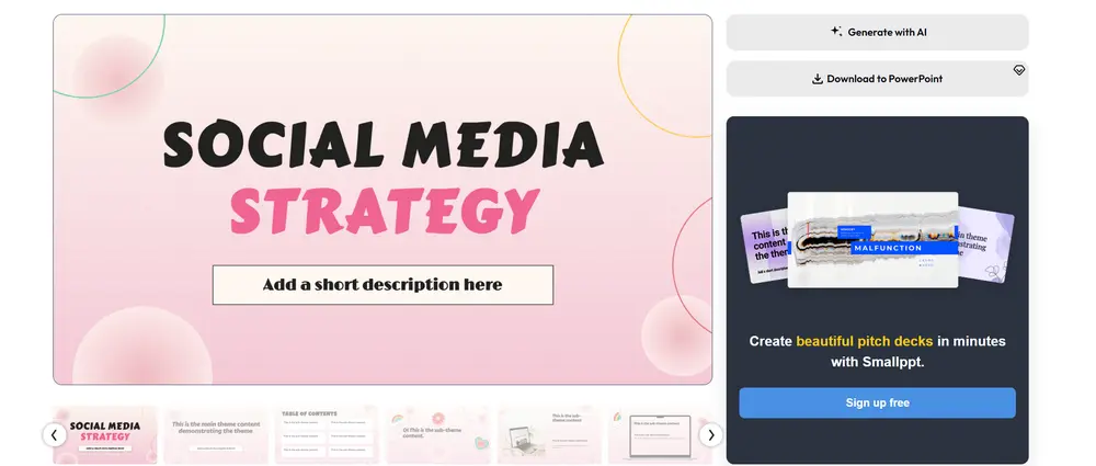 Step 2: choosing a template and clicking Generate with AI on Smallppt