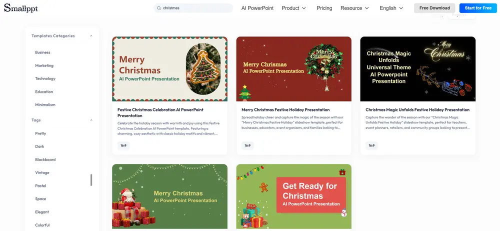 Step 1: searching the Christmas style in the Smallppt template library