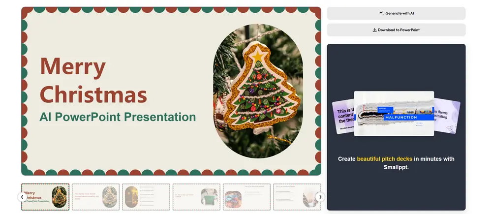 Step 2: choosing a Christmas template and clicking Generate with AI on Smallppt